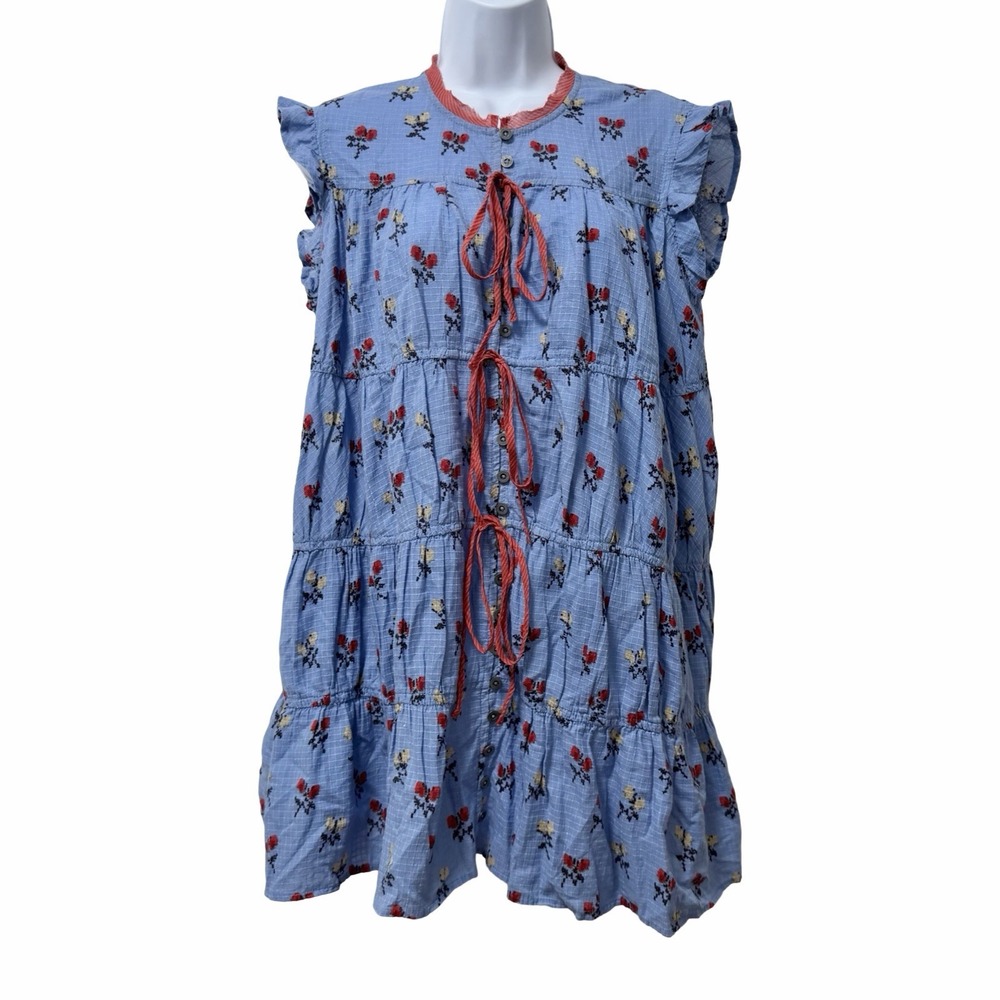 Free People Allure Floral Tiered Mini Tunic Mini Dress Size S Blue Bohemian Boho